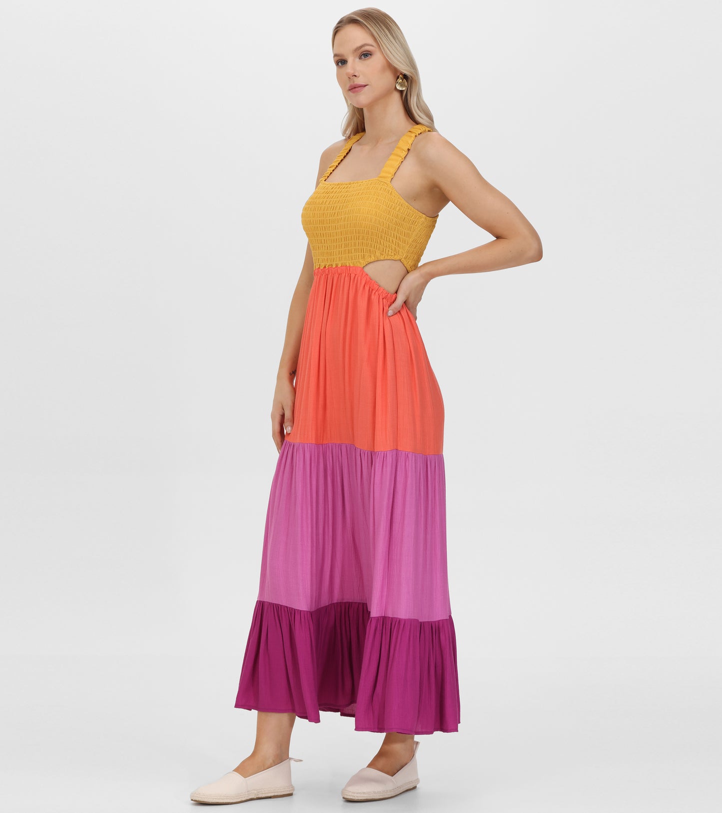 Smocked Color Block Maxi Dress