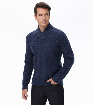 Button Shawl Collar Cable Sweater