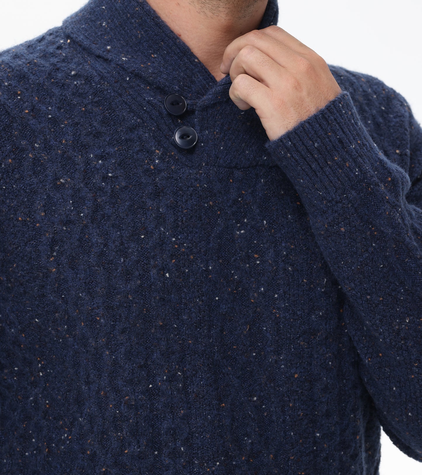 Button Shawl Collar Cable Sweater