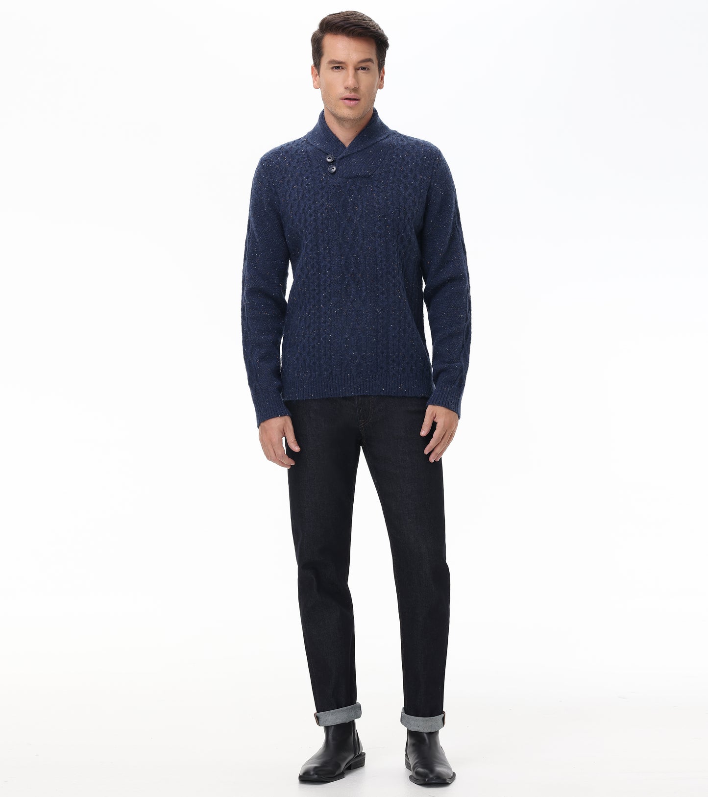 Button Shawl Collar Cable Sweater