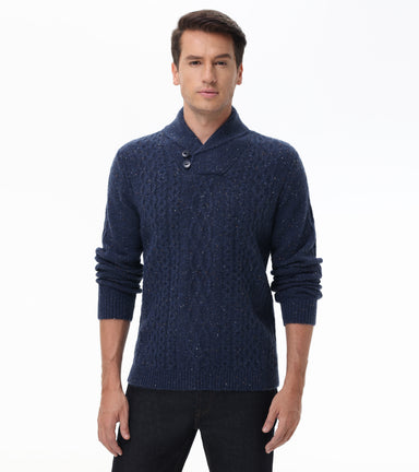 Button Shawl Collar Cable Sweater