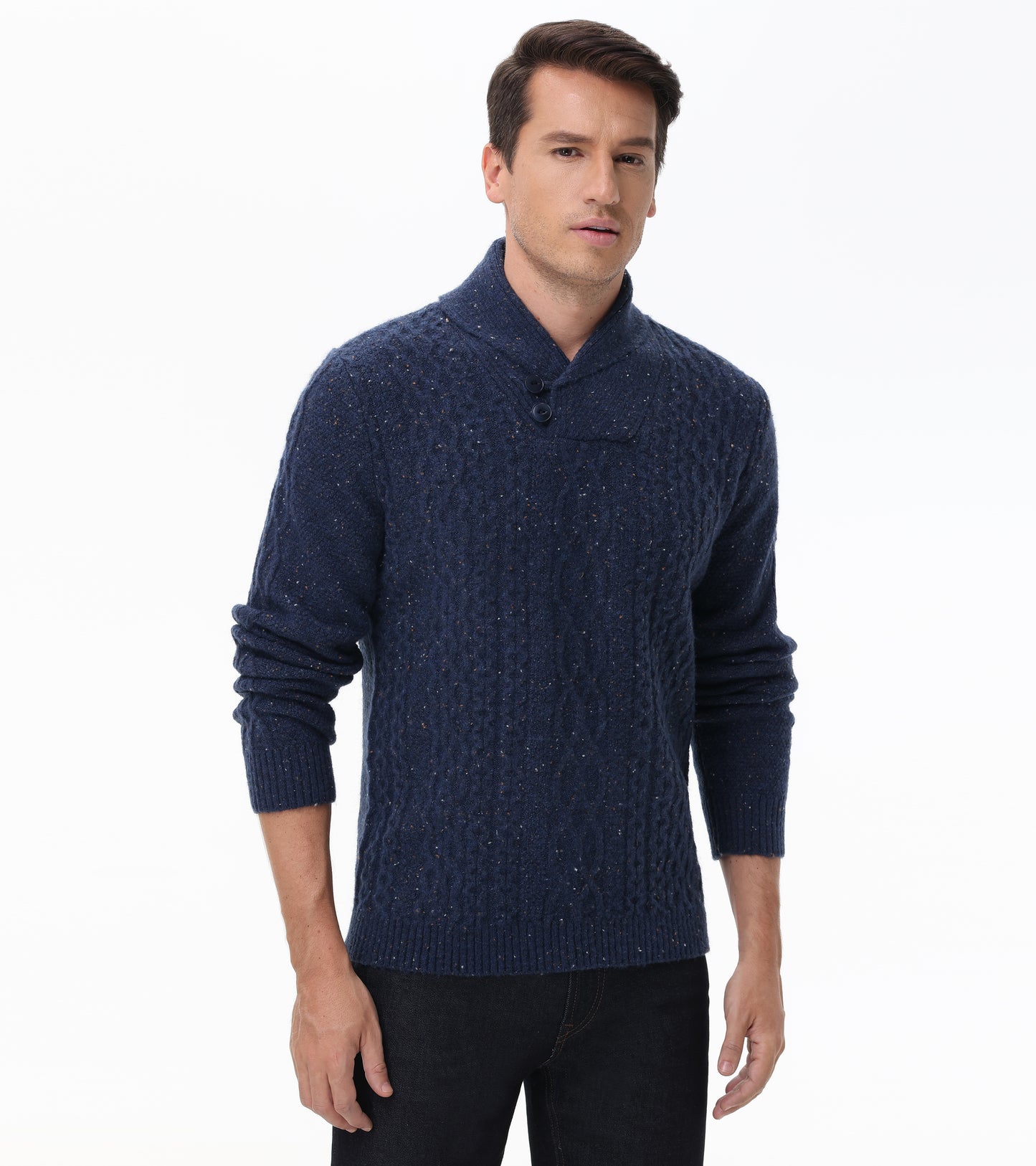 Button Shawl Collar Cable Sweater